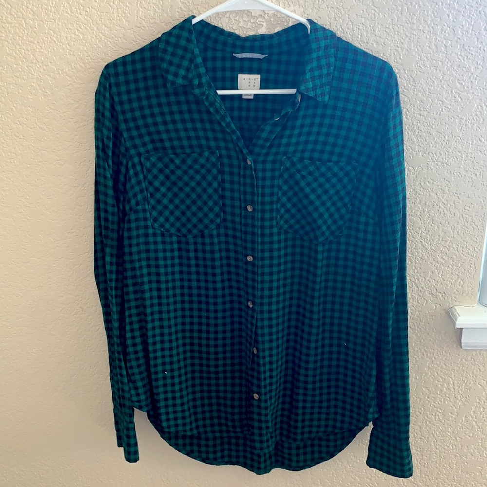 Green & black checkered button up